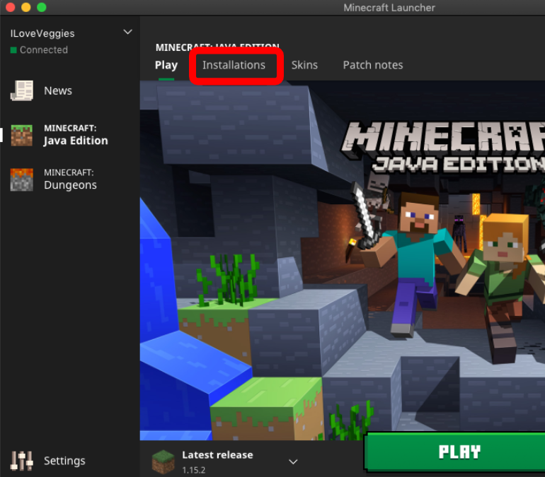 Image of Minecraft Launcher With "Installations" Tab Highlighted